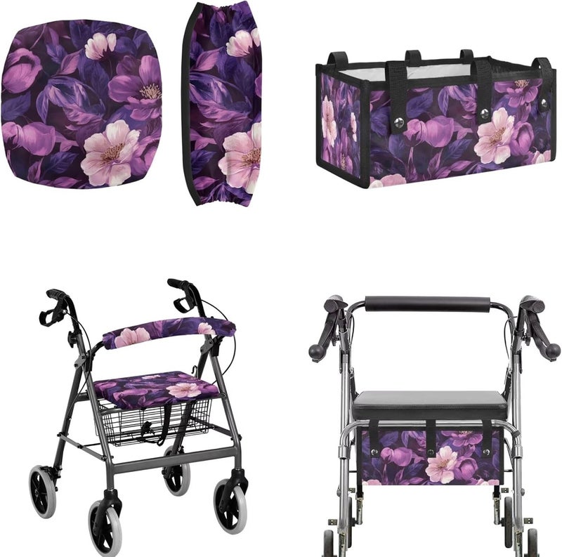 LedBack Purple Floral Cushion Walkers Accessories Sets Walker Seat Backrest Covers Rollator Walker Replacement Storage Bag for Rollator Seat & Roller Bar Covers - Image 1